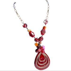 Avon Red Orange Silver Beaded Lacquered Shell Necklace & Enamel Clip Earring Set